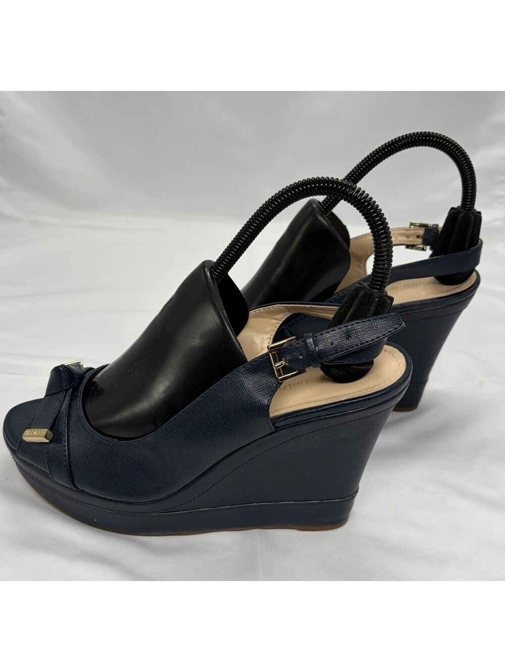 Tommy Hilfiger Twkarra Wedge Sandals Navy Blue Peep Toe Slingback Womens 8M